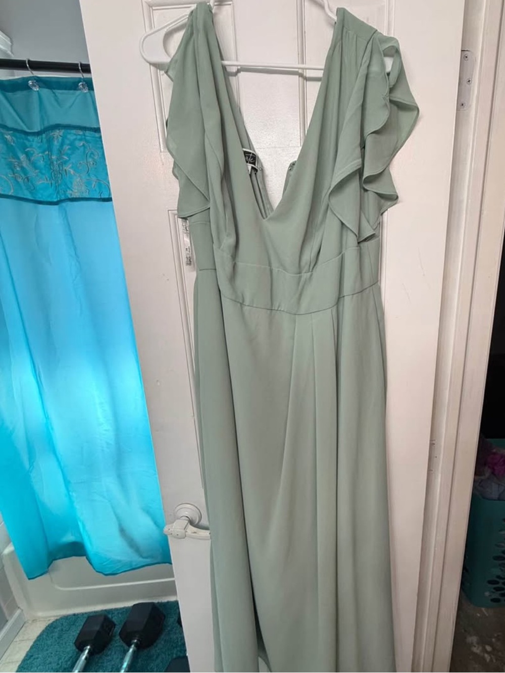 Women's Sage Green Flutter Sleeve V-Neck Dress